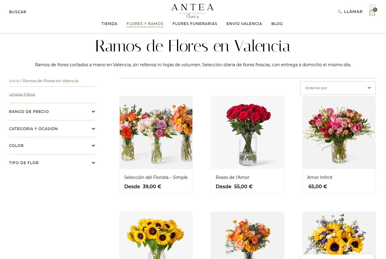 Antea Flora: categoría de flores en Valencia con catálogo de ramos