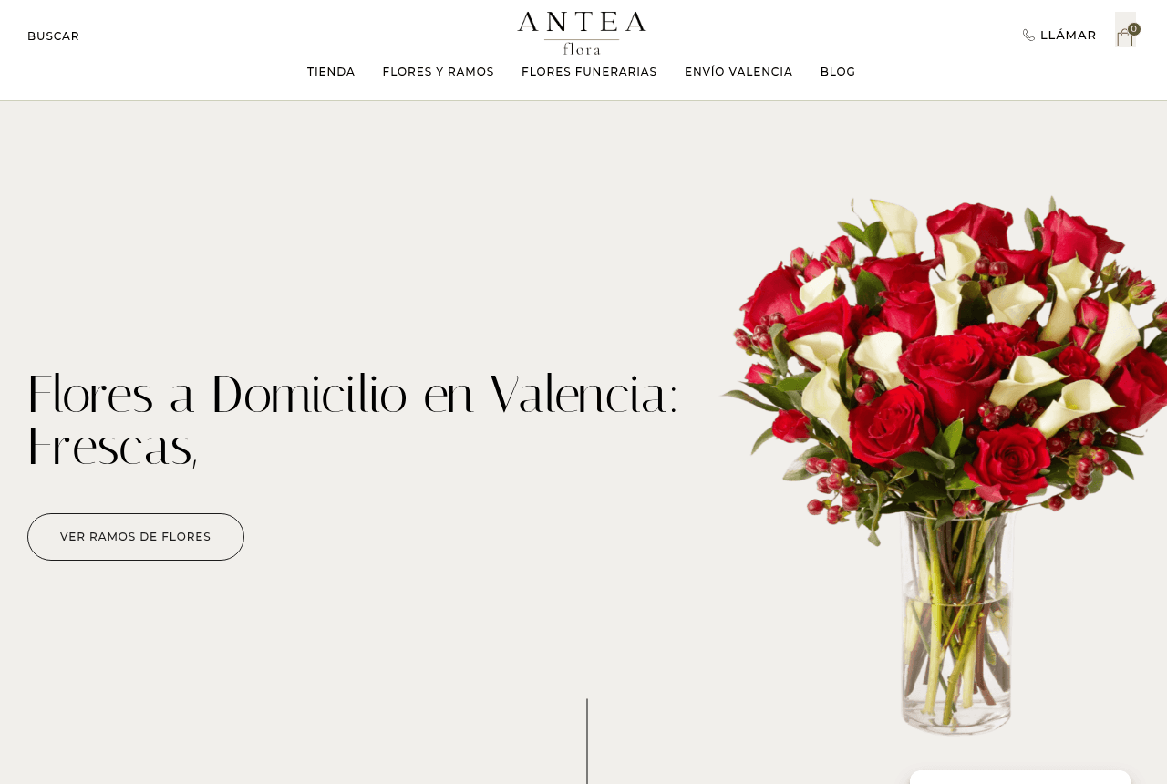 Web de Antea Flora: portada de anteaflora.com con flores a domicilio en Valencia