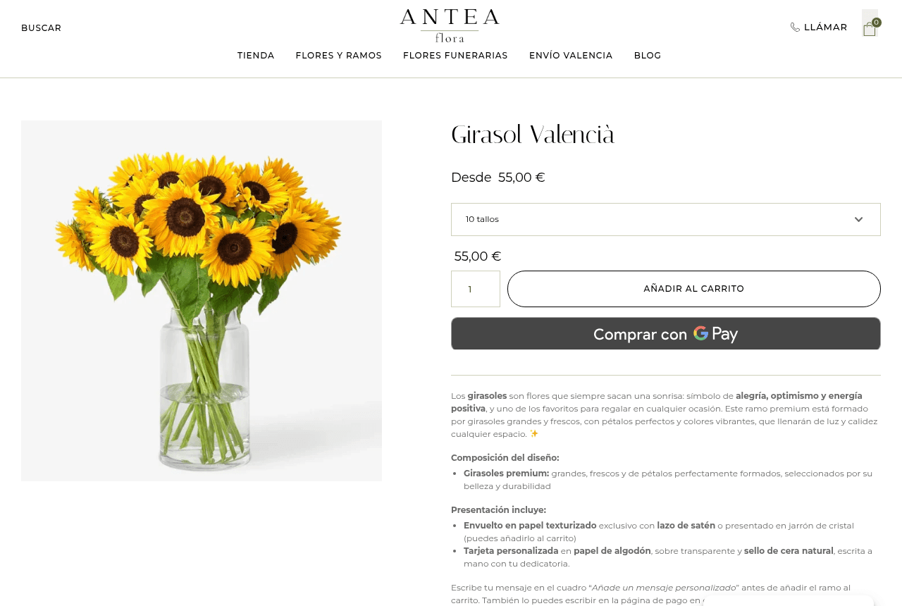 Antea Flora: ficha de producto del ramo Girasol Valencià