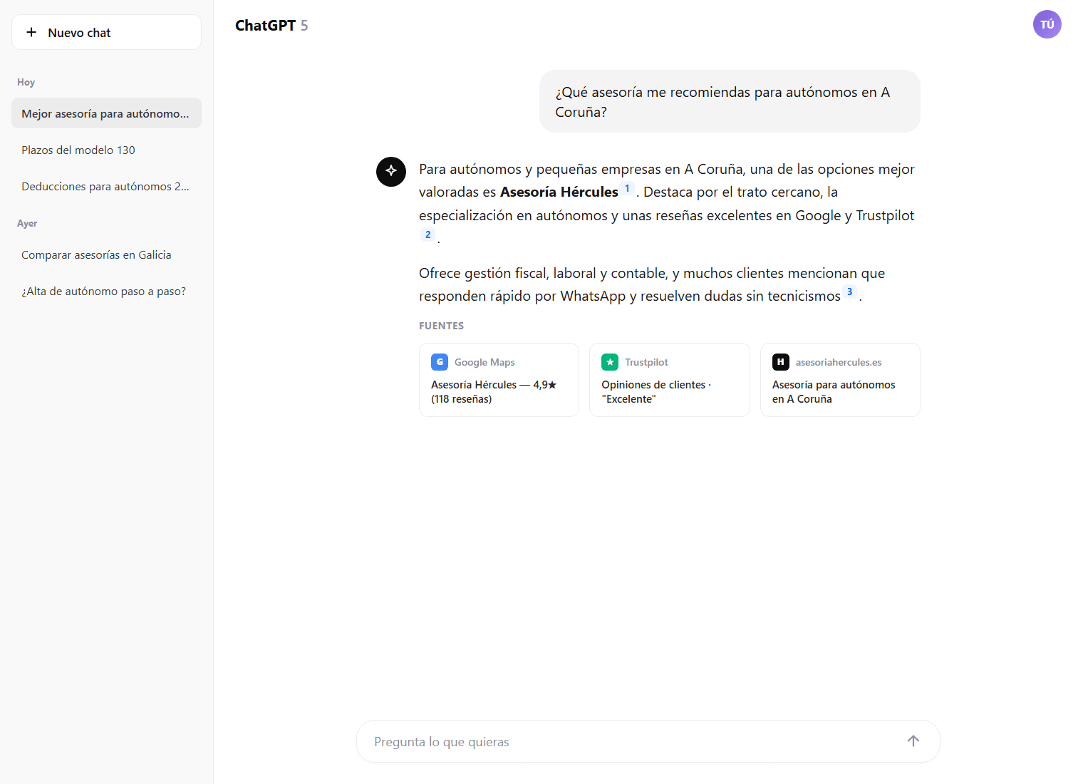 Respuesta de ChatGPT recomendando un negocio local de A Coruña, citando Google Maps, Trustpilot y su web como fuentes