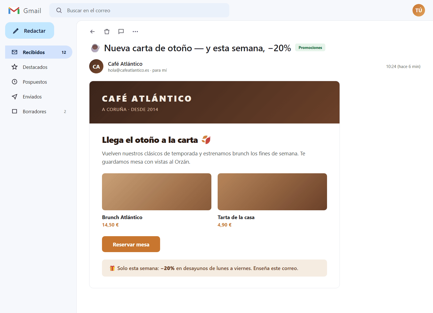 Newsletter de un negocio local de A Coruña abierta en la bandeja de entrada de Gmail