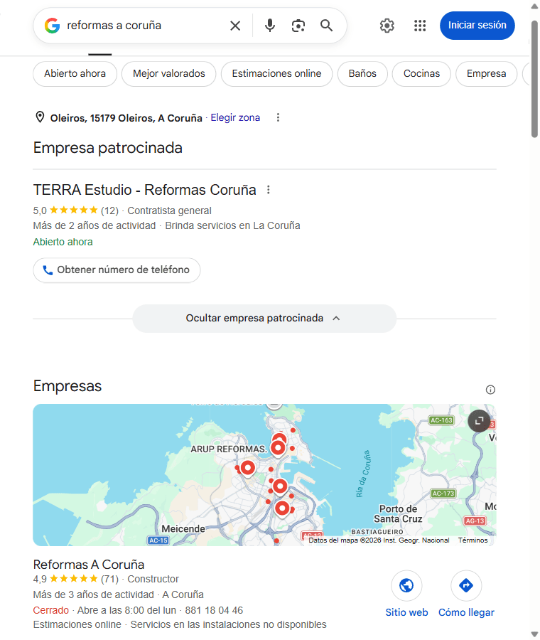 Resultado de Google Ads para reformas en A Coruña — la empresa patrocinada aparece encima de los resultados orgánicos