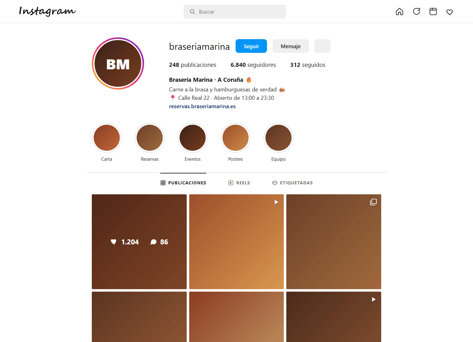 Perfil de Instagram de un negocio local de A Coruña con feed cuidado, 6.840 seguidores y publicaciones con engagement