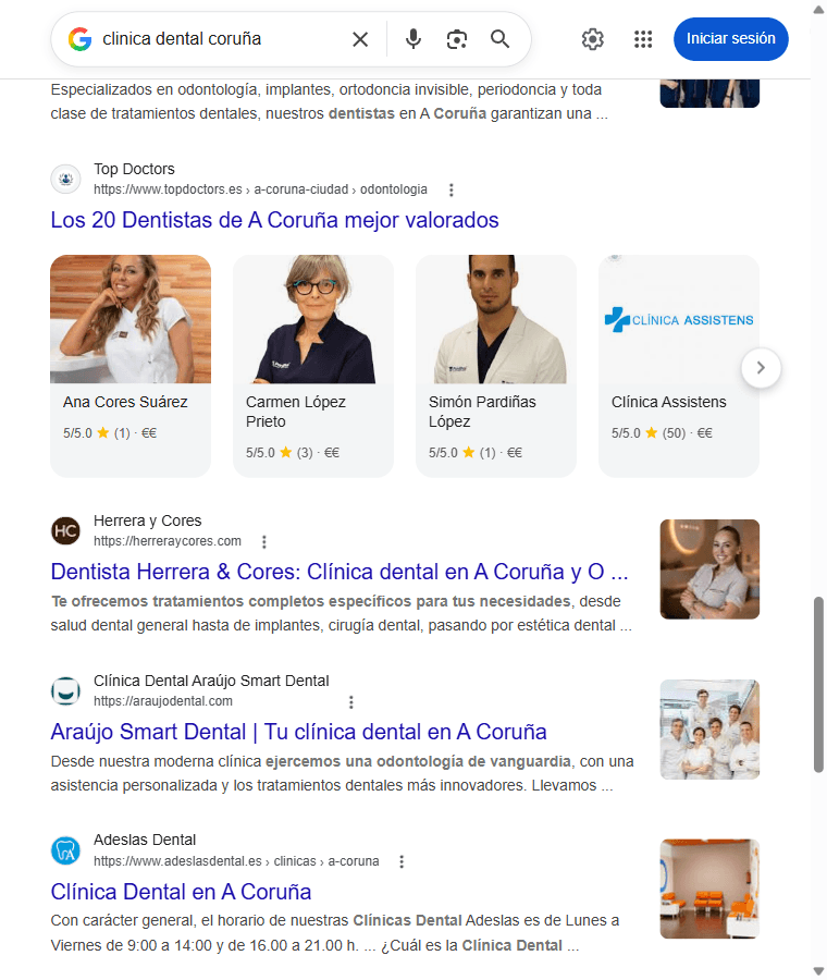 Resultados orgánicos en Google para clínica dental en A Coruña