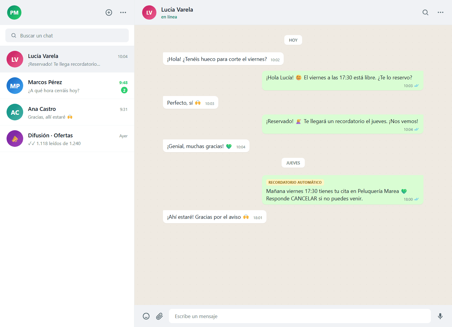 WhatsApp Business de un negocio local de A Coruña: reserva de cita y recordatorio automático en el chat