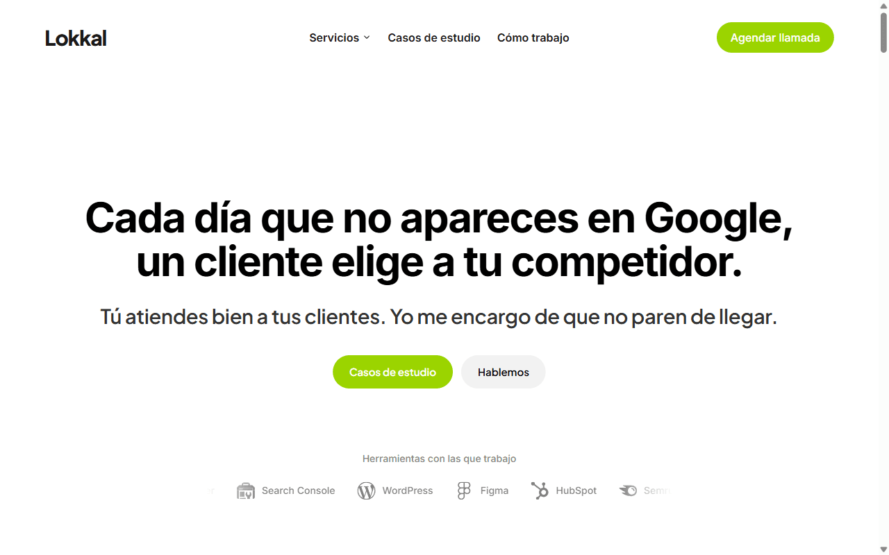 Diseño web Lokkal — jerarquía tipográfica clara, CTAs y stack de herramientas