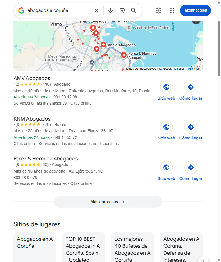 Local Pack de Google Maps para abogados en A Coruña — las 3 fichas que aparecen antes de los resultados orgánicos