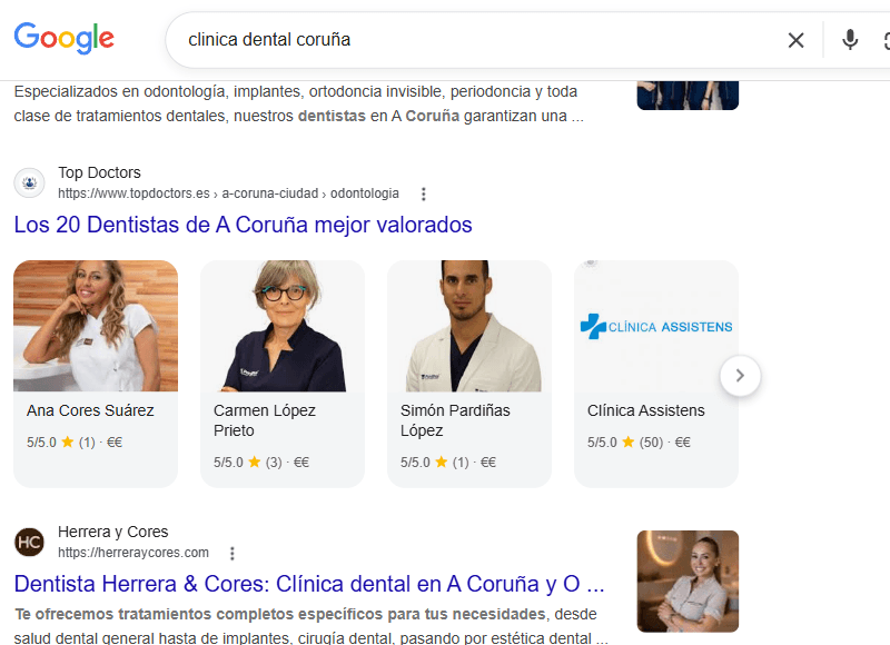 Resultados orgánicos en Google para clínica dental en A Coruña