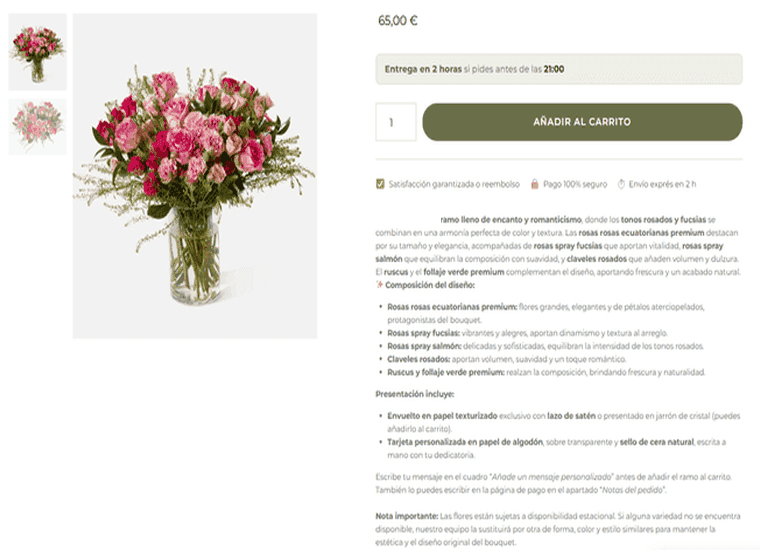 Ficha de producto de una tienda online con el botón de añadir al carrito y los gastos de envío visibles
