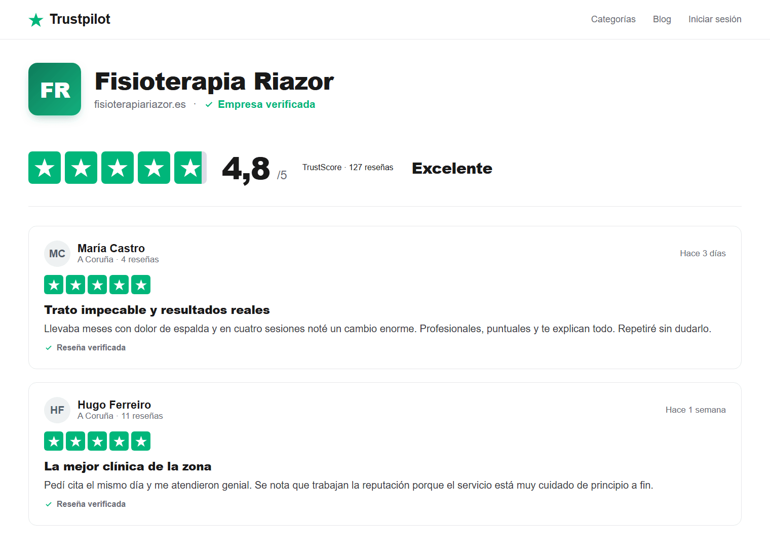 Perfil de Trustpilot de un negocio local de A Coruña con 4,8 sobre 5 y 127 reseñas verificadas