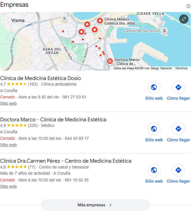 Resultados de Google para clínicas de estética en A Coruña